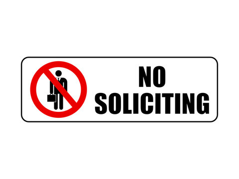 No soliciting,  ban sign with silhouette of  salesman and text. Horizontal shape. Sticker.