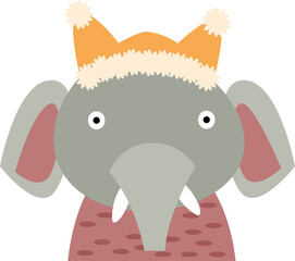 Funny face of Elephant with winter costume . PNG .
