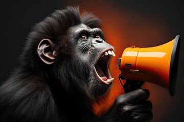 funny monkey is holding and screaming into a loudspeaker. Business and management, concept. Creative advertising idea - obrazy, fototapety, plakaty