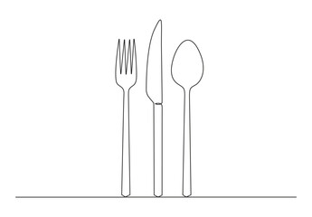 Continuous one line drawing of spoon, knife and fork. Isolated on white background vector illustration. Pro vector.
