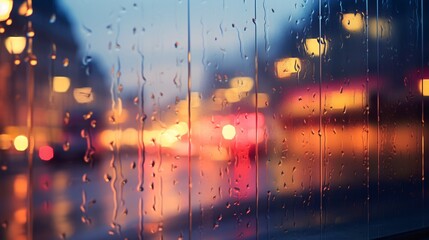 Rain drops on the window glass with blurred city lights in the background. Rain drops on the glass with blurred city lights background. Artistic blur. Beautyful bokeh. Abstract blurry background.