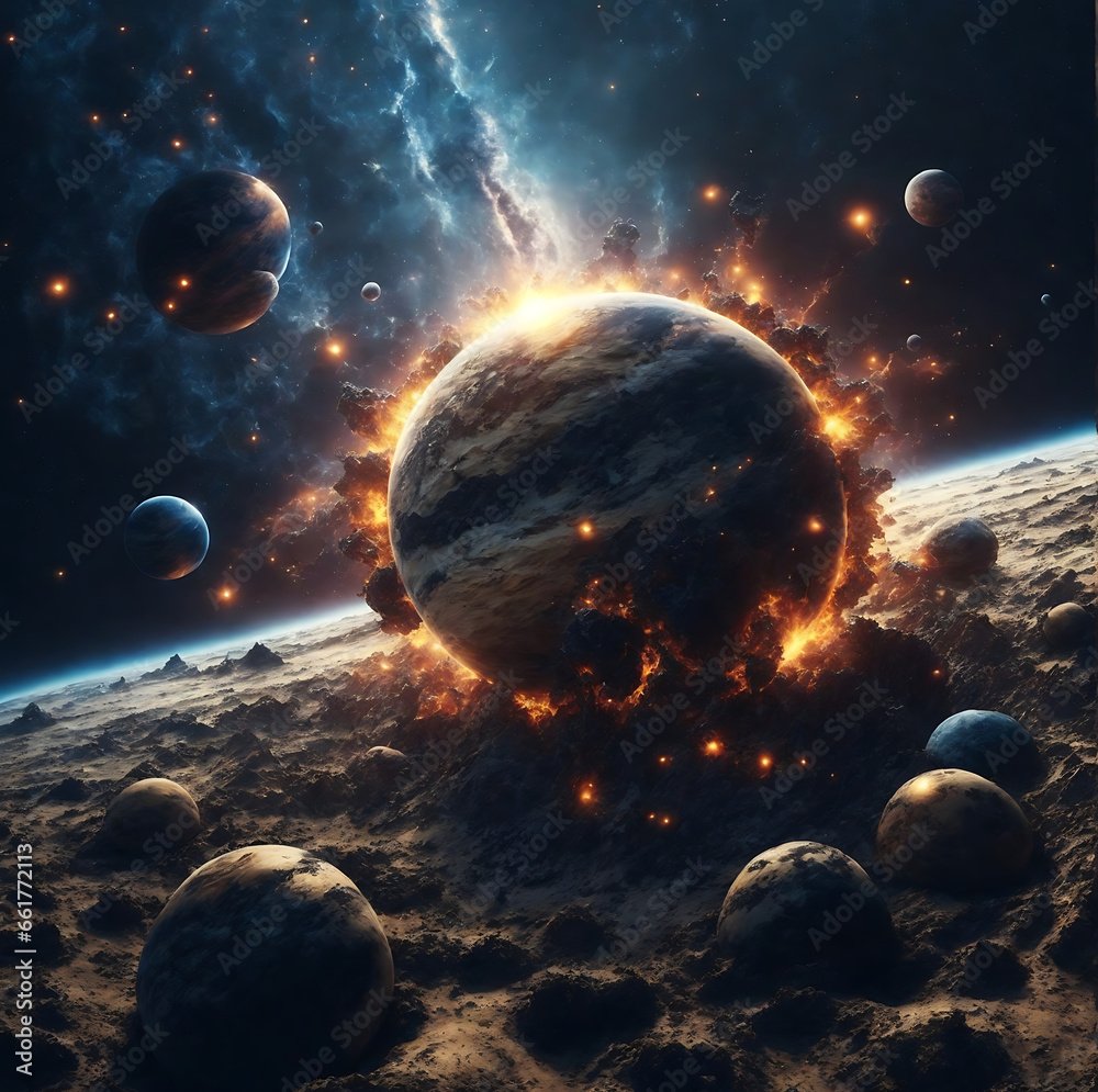 Wall mural planetary collisions and explosions in space. generative ai