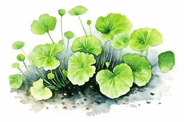 Image of gotu kola plant leaves on white background. Watercolor illustration. Generative AI - obrazy, fototapety, plakaty