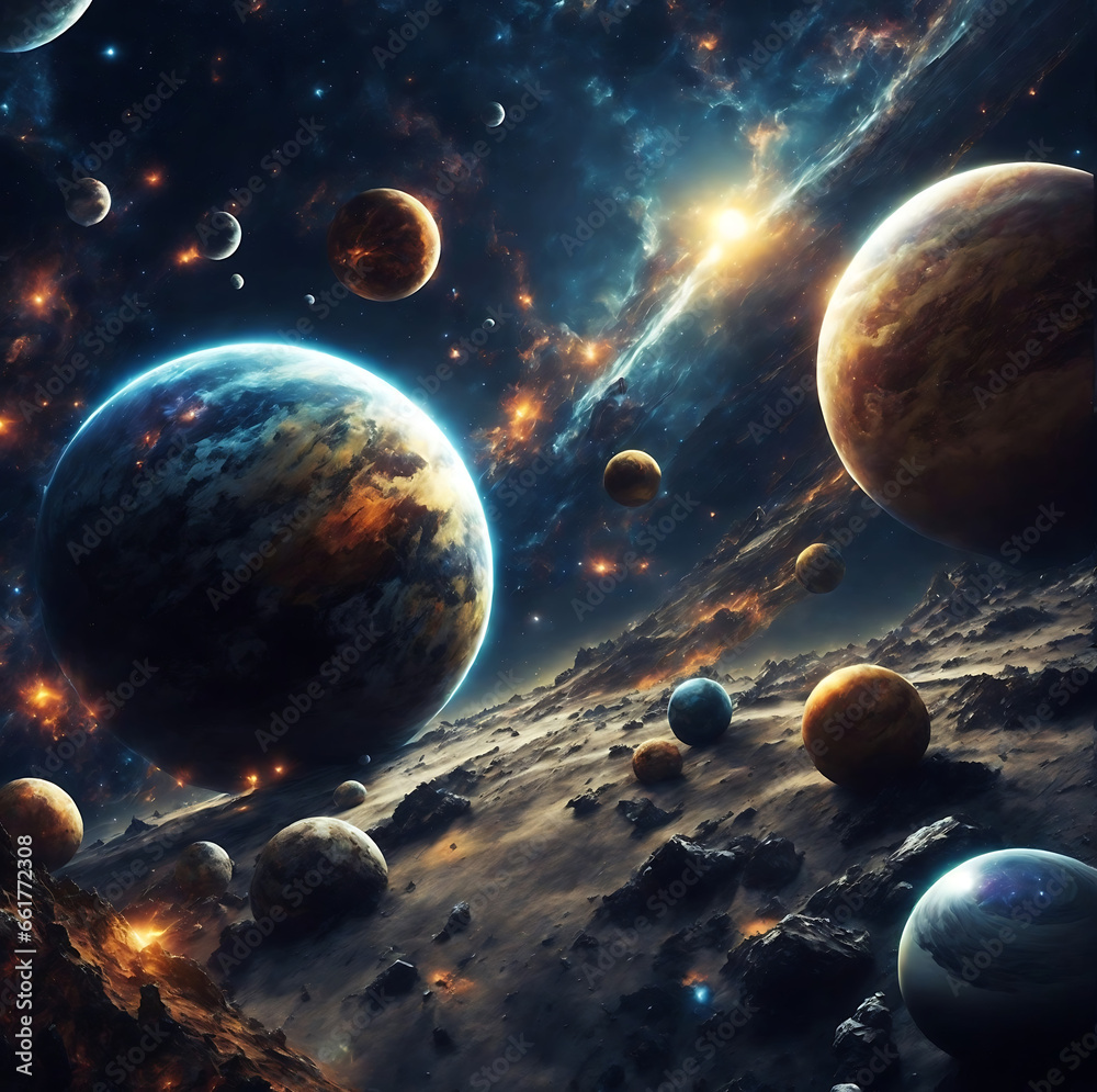Sticker planetary collisions and explosions in space. generative ai
