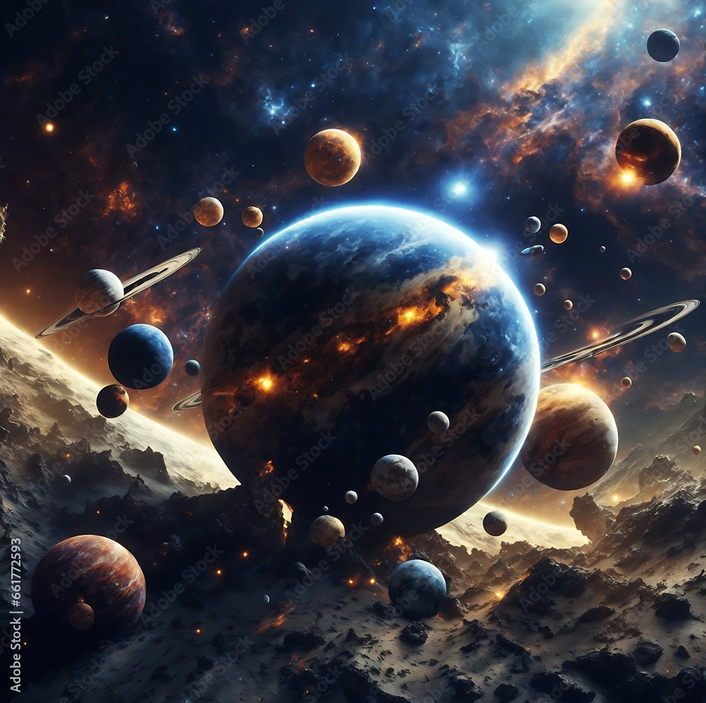 Wall mural planetary collisions and explosions in space. generative ai