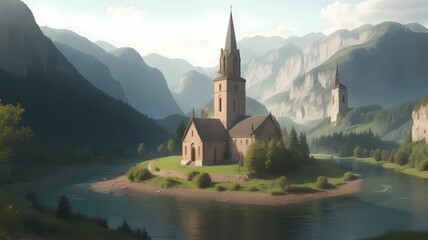 old church in the summer panorama with mountain and lake - obrazy, fototapety, plakaty