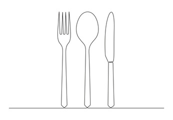 Single continuous line drawing of knife, spoon, and fork. Isolated on white background vector illustration. Premium vector. 