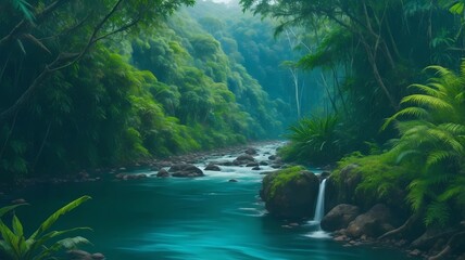 Fototapeta na wymiar stunning tropical forest with river and trees
