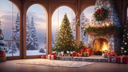 Fototapeta premium Interior christmas,gifts,fireplace,magic tress in nature view.