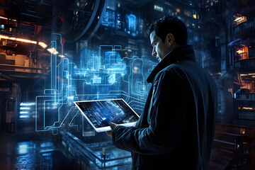 Man with futuristic digital tablet