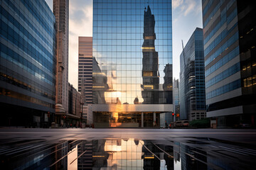 Reflective skyscrapers business office building. - obrazy, fototapety, plakaty