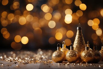 Golden christmas baubles on bokeh lights background. A Cozy Yellow Christmas Background with Bokeh...
