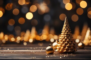 Golden christmas tree on bokeh background. New Year concept. A Cozy Yellow Christmas Background...