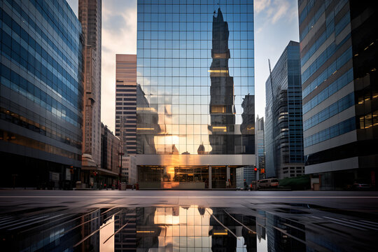 Fototapeta Reflective skyscrapers business office building.