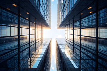 View from bottom to top Reflective skyscrapers.