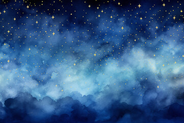 Watercolor dark blue dramatic sky with bright yellow stars