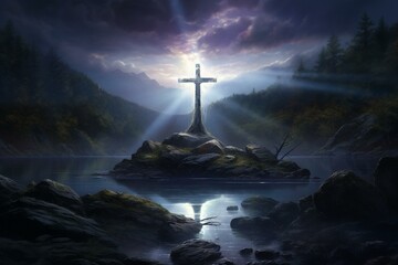 A cross in a mystical artwork of a peak lake with trees, stones, and glowing light permeating the center. Generative AI - obrazy, fototapety, plakaty