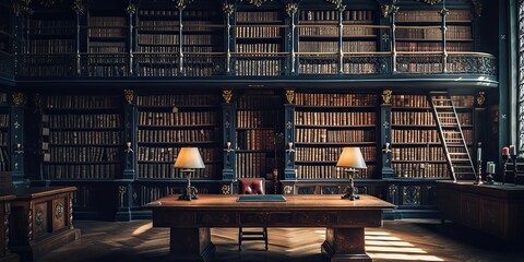 Old ancient books of bookshelves in a library