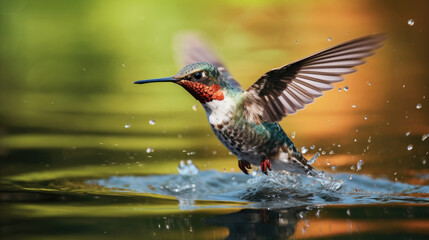 a beautiful hummingbird in Flight on water surface. - obrazy, fototapety, plakaty
