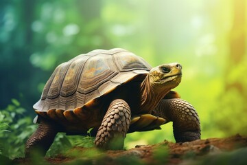 Illustration of giant tortoise in green background with sunlight bokeh. Generative AI