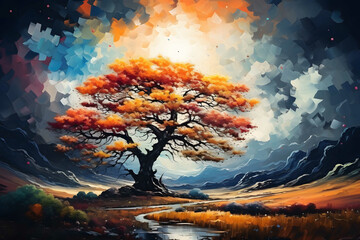 glitch art of realistic big tree among field, Abstract Art, daylight