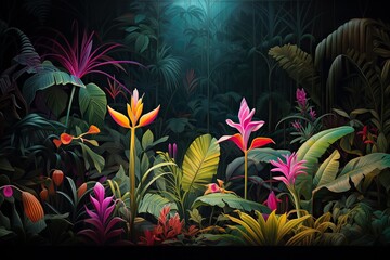 Fototapeta na wymiar Exotic and tropical multicolored leaves tropical leaves on dark background