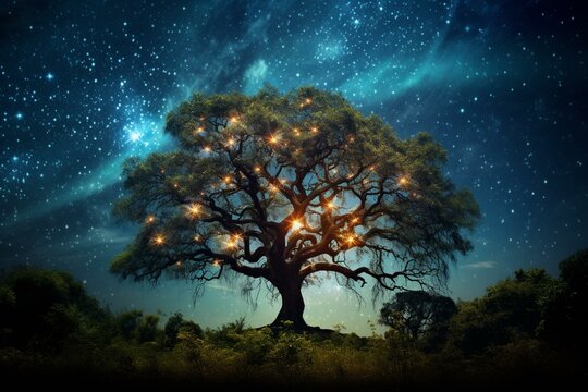 An image of a tree captured from the ground, the sky above is studded with stars while other trees loom in the foreground. Generative AI
