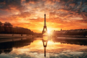 Fototapeta na wymiar Sunrise with Paris and Eiffel Tower. Generative AI