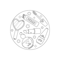 Coloring book with makeup cosmetics, lipstick, perfume, mascara, mirror. Black outline, cartoon-style sketch. Vector illustration for children.