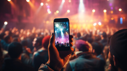 Person filming a concert with his mobile phone in a concert crowd. With copy space