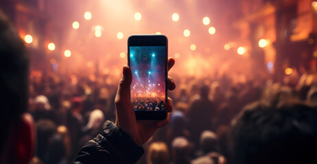 Person filming a concert with his mobile phone in a concert crowd. With copy space