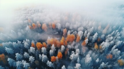 Aerial view of beautiful winter and autumn forest in low clouds at sunrise. Top view of orange and green trees in fog at dawn in fall. View from above of woods. Nature background. Multicolored leaves