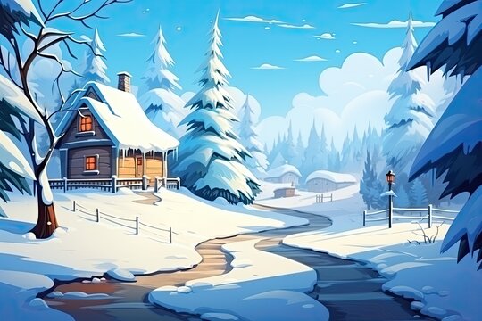 Ideal image for winter and Christmas, cabins nestled among snowy pines. Generative AI