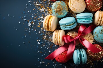Colorful macaroons on blue background. Top view with copy space - obrazy, fototapety, plakaty