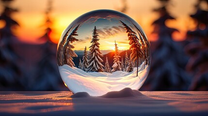 Winter's Enchanting Embrace: Golden Sunset Through a Crystal Lens in Snowy Serenity. Generative AI