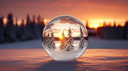 Fototapeta na wymiar Winter's Enchanting Embrace: Golden Sunset Through a Crystal Lens in Snowy Serenity. Generative AI