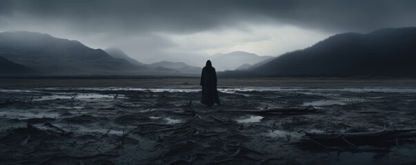 Dark and ominous scene featuring a sinister, shadowy figure in a desolate landscape