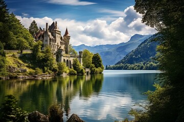 Fototapeta na wymiar A picture of the Bourget Lake and the Highcombe Abbey in Savoie, France. Generative AI