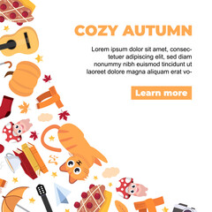 cozy autumn background. homely warm autumn atmosphere items, teapot, cat, leaves, mushrooms, umbrella, rainy days. vector cartoon items corner shaped background.