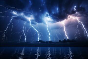 Image shows multiple bolts of lightning in the sky. Generative AI - obrazy, fototapety, plakaty