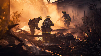 Firefighters put out a fire in a burned-out house. The rescue service is looking for people after natural disasters. Debris clearing. - obrazy, fototapety, plakaty