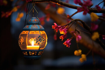 Colorful lanterns or Diwali lamps hanging on tree branches.