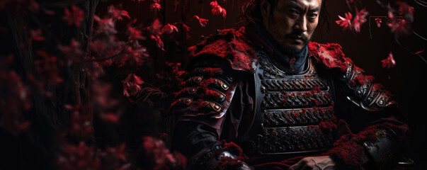 Portrait of a samurai warrior in traditional armor with katana