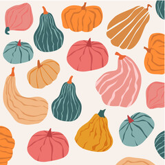 Autumn decorative seamless pattern with pumpkins and seasonal elements.