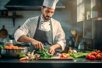 Cocinero chef cocinando en una cocina profesional un plato con verduras - obrazy, fototapety, plakaty