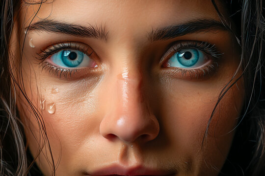 Retrato de ojos azules de mujer joven con l&aacute;grimas en sus mejillas