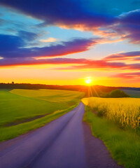 Country road with a beautiful sunset view landscape photography