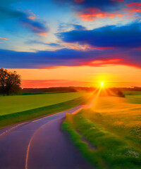 Country road with a beautiful sunset view landscape photography