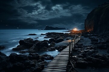 Eerie night shore with wooden pier and cliff path to ocean. Generative AI