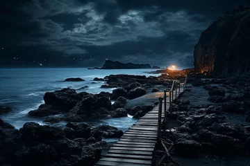 Fotobehang Eerie night shore with wooden pier and cliff path to ocean. Generative AI © Xiomara